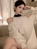 Shirts Women Elegant Off Shoulder Satin Bandage Stand Collar Long Sleeve Hollow Out Loose Blouse Female Casual Sexy Tops-Outfit