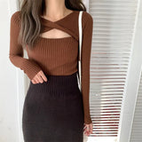 Slend Hollow Long-Sleeved Knitted Shirt Girl 2025 Spring And Autumn Careful Machine Slimming V Collar Hooded Apricot Color