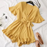 Women Rompers casual wide leg pants overalls short sleeve v neck solid playsuits summer beach chiffon ruffle