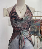 Shooting Holiday Wind Hanging Neck Collar Collar Tidling Strap Sling Vest Tie Mesh Yarn Short Sleeveless Top