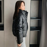 Winter Women Black PU Leather Down Jackets 2021 New Ladies Thick Warm Short Zipper Down Coats Female Stand Collar Chic