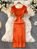 Women Slim Knitted Dress Square Collar Short Sleeve Elastic Bodycon Dresses 2022 Summer Streetwear Sexy Split