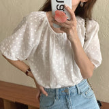 Toloer Chic Gentle Small Pure And Fresh Round Collar Stereo Jacquard Single Breasted Loose Versatile Bubble Sleeve Shirt Jacket Female-Outfit