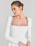 Square Collar Diamond Long Sleeves White Mini Dress-Outfit