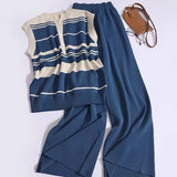 Suit Women's Korean Version Of Sleeveless Collars With Striped Knitted Shirt Tops Two Sets Of Leisure High-Rise Broad