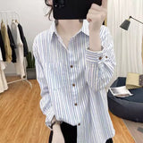 Comfortable With The Striped Long-Sleeved Shirt Of The Women's Spring And Autumn New Collar Top Loose Thin Shirt