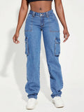 New Retro Mid-Rise Multi-Pocket Workwear Jeans Women's Casual Straight
