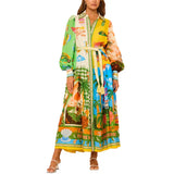 Women's Temperament Print Lantern Sleeve Belt Shirt Dress Dress