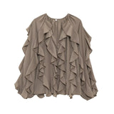 Women's V-Neck Folding Trim Shirt Long-Sleeved Top Loose