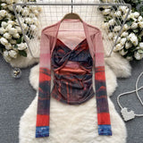 Girls Tie-Dye Mesh Jersey Long-Sleeved T-Shirt Girl Thin Perspective Temperament Fashion Folding