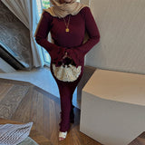 Solid-Colored Round-Neck Long-Sleeved Dress Woman With Wooden Ear In Autumn