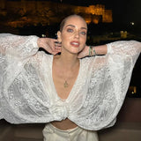 White Lace Mesh 3d Flower V-neck Long Sleeve Crop Top-Outfit