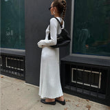 Women's Clothing 2025 Spring Knit Round Neck Pit Striped Syringe Horn Sleeve Tie Solid Color Casual Dress