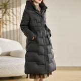 Over The Knee White Duck Down Down Jacket Female Long Winter 2024 New Fashion Waist Belt Show Thin Warm Coat Tide-Outfit