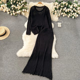Early Spring Wearing A Lazy Knitting Suit Women's Design Hollow Top Dress Two Sets Of