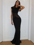 Black Mesh Spliced Design Short Sleeve Maxi Dress-Outfit
