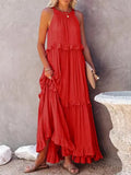 Women Solid Long Dresses Summer Casual Loose Sleeveless Hollow Tie-Up Dress Female Beach Party Ruffle Maxi Dresses Elegant