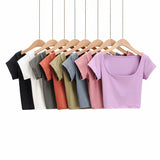 Summer New INS Tight Square Collar Short-Sleeved T-Shirt With Bottom Ultra-Short Exposed Collarbone High Waist Navel Blouse-Outfit