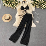 Toloer Vacation Suit Sexy Hanging Neck Wipe Chest Strap Top Hollow Out Knit Wide-Leg Pants Two