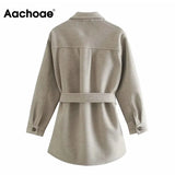 Aachoae Women Chic Wool Coats With Belt 2021 Solid Long Sleeve Pockets Shirt Jackets Outerwear Turn Down Collar Elegant