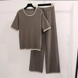 Simple Fashion Round-Neck Short-Sleeved Knitted Shirt High Waist Thin Trousers Pit Knitted Two-Piece