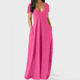 Toloer New Plus-Size Women's Solid Color Dress Sexy Deep V Short-Sleeved Dress-Outfit - Pink / S