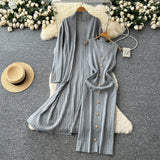 Senior Sense Loose External Medium And Long Knitted Cardigan Jacket + Sleeveless Metal Buckle Joint