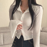 Solid Color Flare Long Sleeve Blouse-Outfit