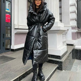 Hooded PU Parkas Women Fashion Tie Belt Coats Women Elegant Solid Faux Leather Slim Long Cotton Jackets Female