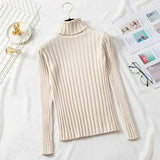 Winter Jumper Turtleneck Sweater Knitted New Green Women Sweater Pullover Long Sleeve Slim Striped Vintage Sweaters
