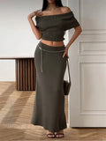 Ribbed Off-Shoulder Top And Maxi Skirt Set-Outfit