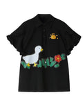 2022 Women's Black T Shirt Short Sleeve Polo-Neck Cute Cartoon Print Tees Spring Summer Tops Korean Fashion Casual