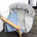 2022 Fall/Winter New Denim Winter Coat For Women Jacket Korean Style Loose Fleece Thickened Large Fur Collar Hooded Coat