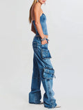 Toloer 2024 New Fashion High Street Design Sense Pocket Stitching Tooling Wind High Waist Straight Tube Denim Warehouse Pants Women-Outfit