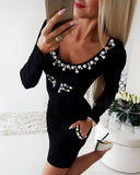 Winter Sexy Black Bubble Bead Round Neck Long Sleeve Bodycon