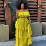 Autumn And Winter Dress Yellow Chiffon Shoulder-To-Shoulder Repair Beach Holiday 100-Fold Dress