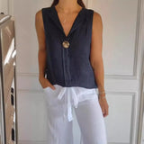 Women's Fake Cardigan V-Neck Cotton Sleeveless Casual Shirt Cotton And Shemp