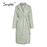 Simplee Fashion female winter windproof jacket Casual sashes women winter parka Long straight coat with rhombus pattern