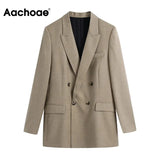 Aachoae Office Casual Double Breasted Khaki Blazer Suit Women Notched Neck Elegant Blazers Long Sleeve Ladies Tops