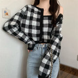 Toloer Dress 2024 New Women's Suit Bump Color Plaid Knit Cardigan Top Hot Girl Pure Desire Wind Sling Two-Piece Set-Outfit