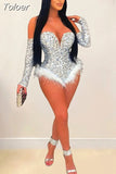 Sequin Feather Rompers Womens Bodysuits Sexy Off The Shoulder Long Sleeve Playsuit Night Out Party Club Bodycon