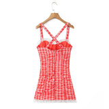 Red Plaid Plaid Dot Ruched Mini Dress-Outfit