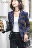 Classic Plaid Single Button Women Jacket Blazer Casual Notched Collar Slim Female Suits Coat Fashion Blazer