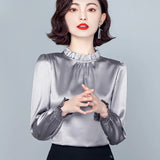 Toloer Spring 2023 New Pressure Pleated Wood Ear Shirt Female Satin Foreign Style Small Shirt Gentle Wind Bubble Sleeve Jacket-Outfit