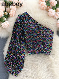 2022 New Product Oblique Collar T-shirt Strapless Unilateral Puff Sleeve Slim Fit Short Sequined Top