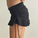 Spice Girls Sexy Rope Pleated Low-Waist Strapped Skirt Simple Solid Color Lotus Leaf Edge A Short Skirt-Outfit