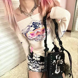 Y2k Aesthetics Tops Harajuku Graphic T Shirts Korean Fashion Vintage Ribbed Tshirt Grunge Gothic Japanese Streetwear