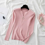 Zipper Pullover Knitted Sweaters O Neck Striped Long Sleeve Sweaters Woman Tops Slim Casual Soft Jumper Pull Femme
