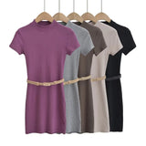 Trendy Women's Dress With High Round Neck And Short Sleeves And A Dress That Is Stylish, Tight And Thin With A Belt And Hip Skirt-Outfit