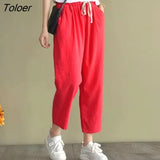 2023 Summer Casual Cotton Linen Pants Women Retro Pockets Loose Harem Pants Woman Solid Elastic Waist Trousers